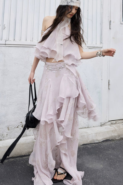 Conjunto retro de top halter con volantes en rosa melocotón