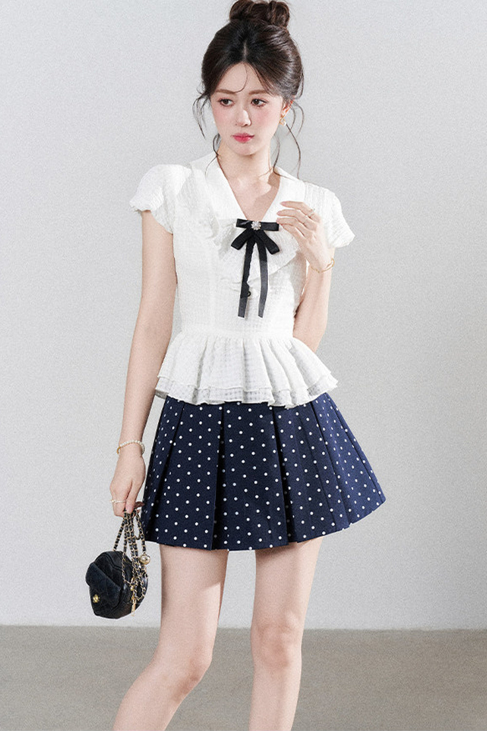 High-Waisted Polka Dot Skirt with Ruffle Shirt Set