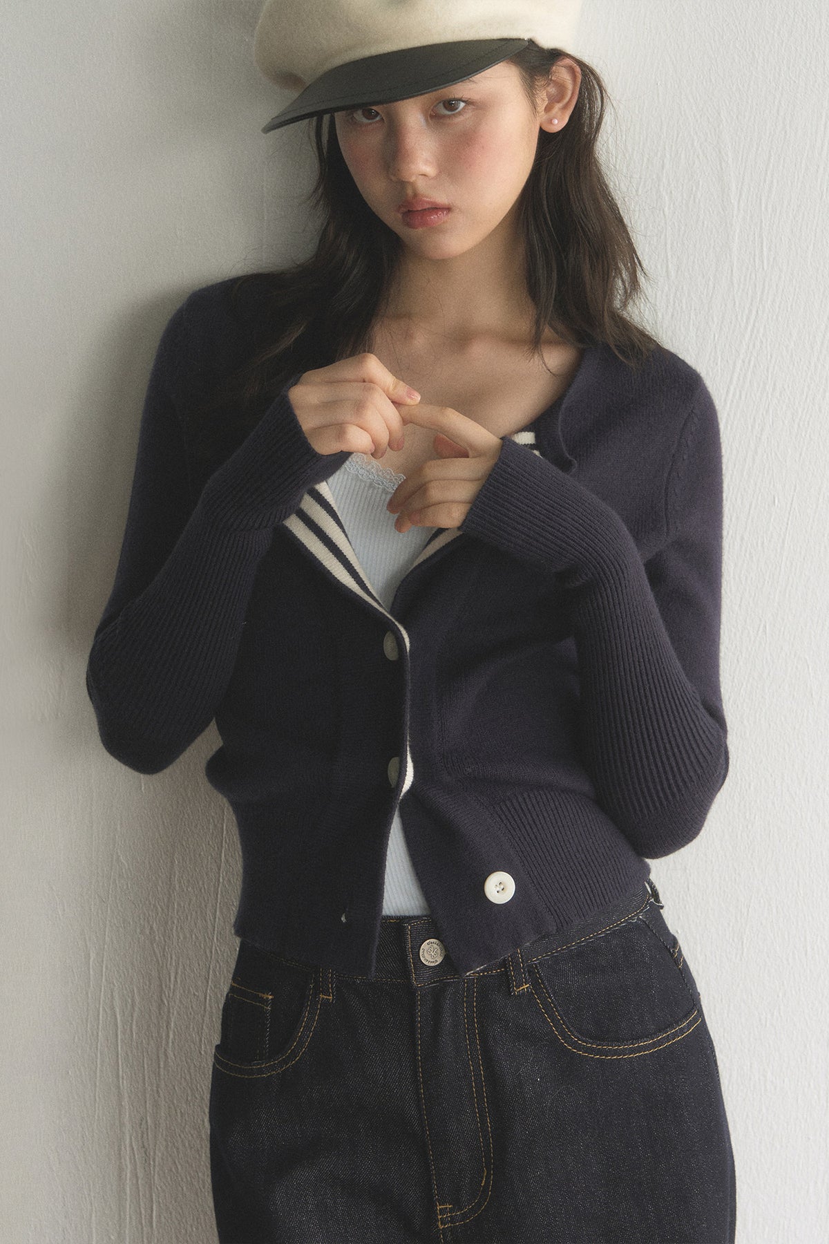 Striped Lapel Cardigan and Wide-Leg Jeans Set-Up