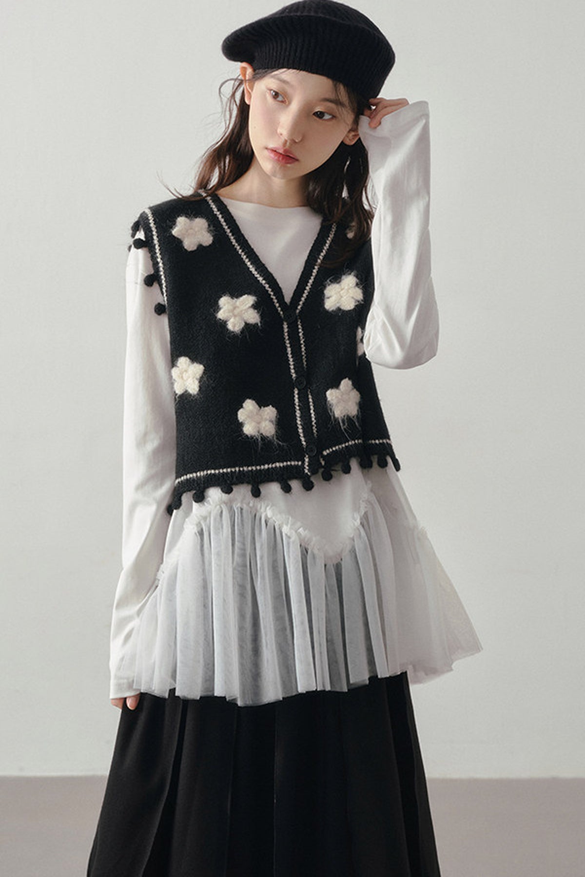 Wavy Hem Mesh Long Sleeve Top