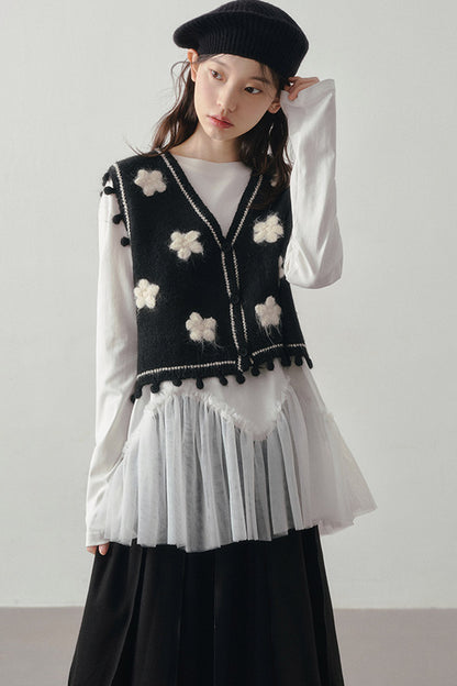 Wavy Hem Mesh Long Sleeve Top
