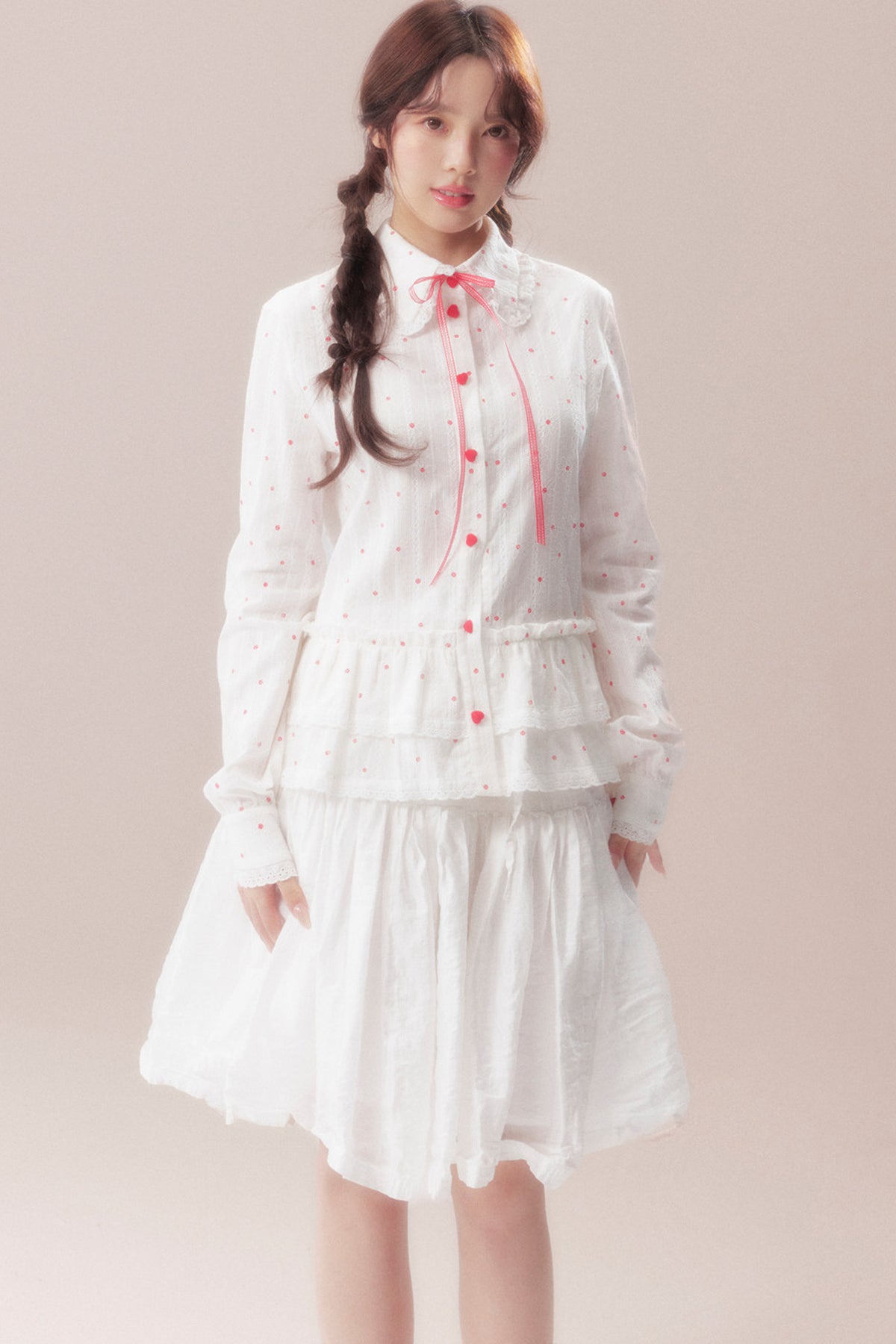 Bow Polka Dot Shirt and Skirt Set-Up