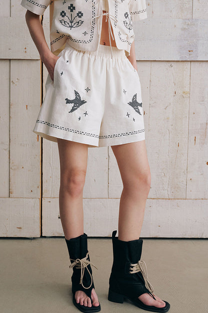 Bird Embroidered Cotton Linen Cardigan Set-Up