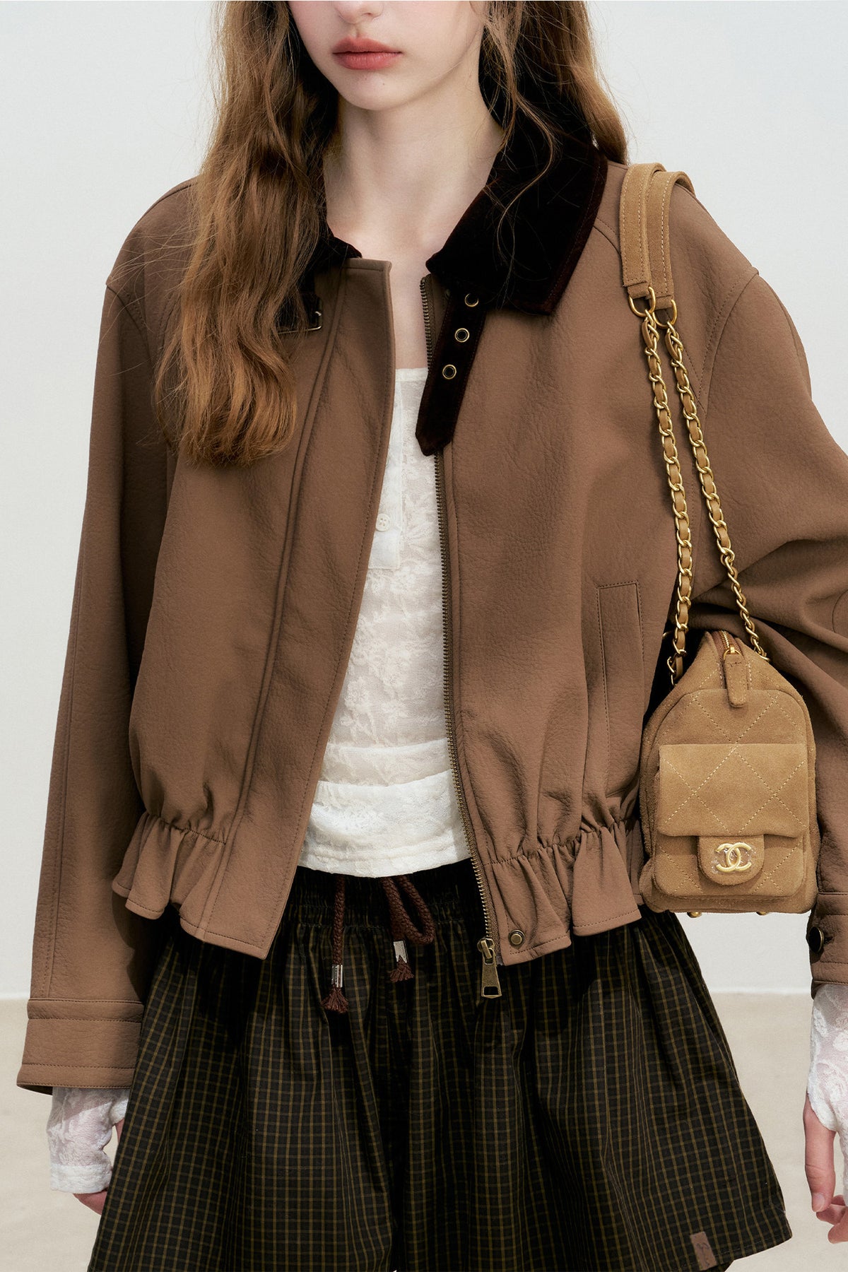 Short Color-Blocked PU Work Jacket
