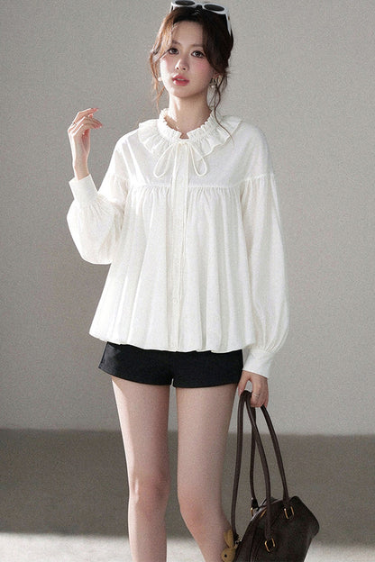 White Floral Lantern Sleeve Shirt and Pants Set-Up
