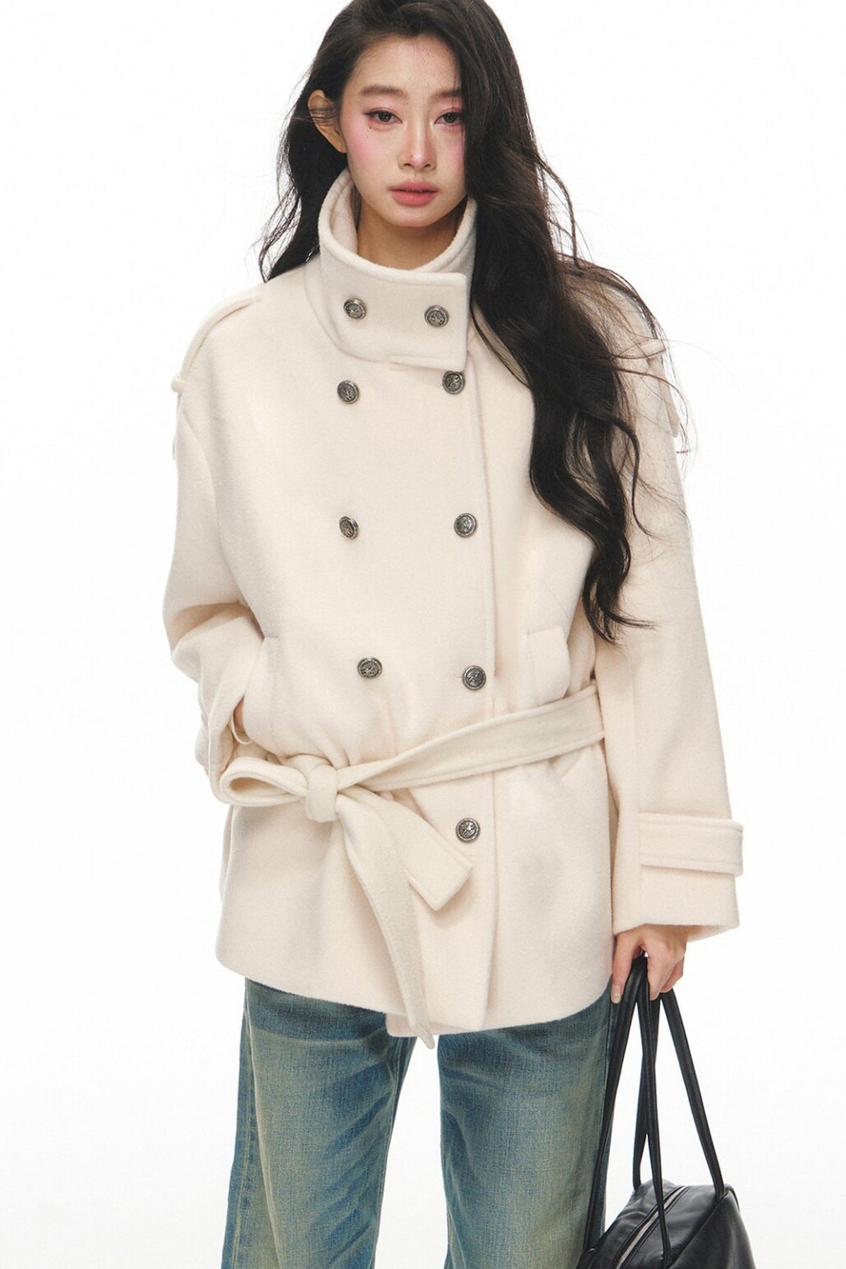White Double-Breasted Stand-Collar Jacket and Pants Set-Up