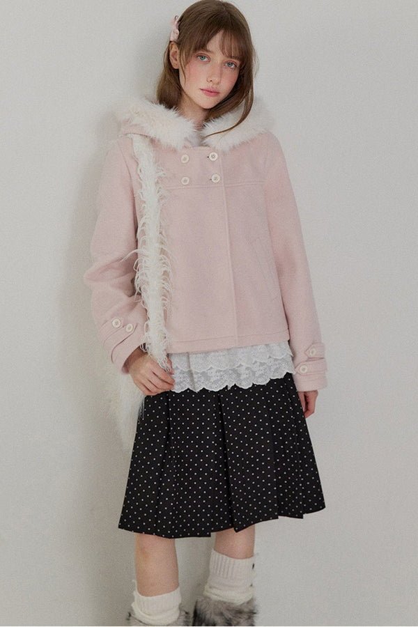 Lace Trim Fur Collar Hooded Coat