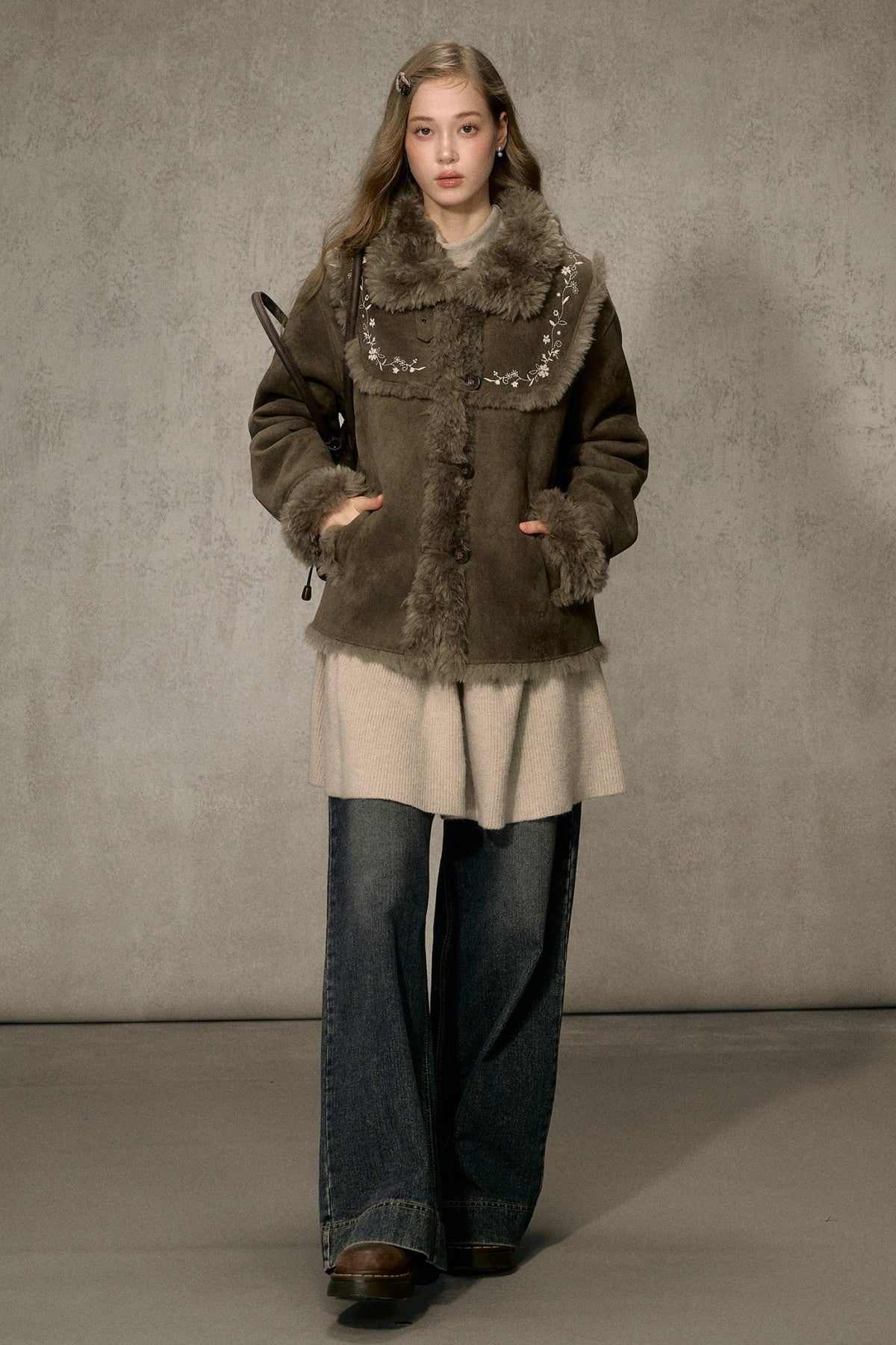 Embroidered Fur Collar Shearling Jacket