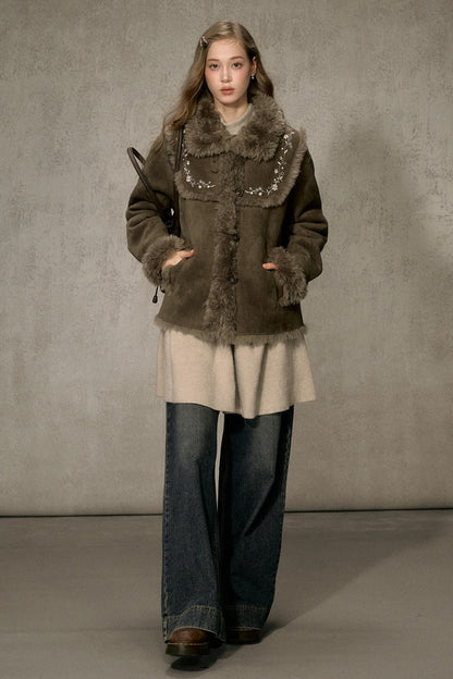Embroidered Fur Collar Shearling Jacket
