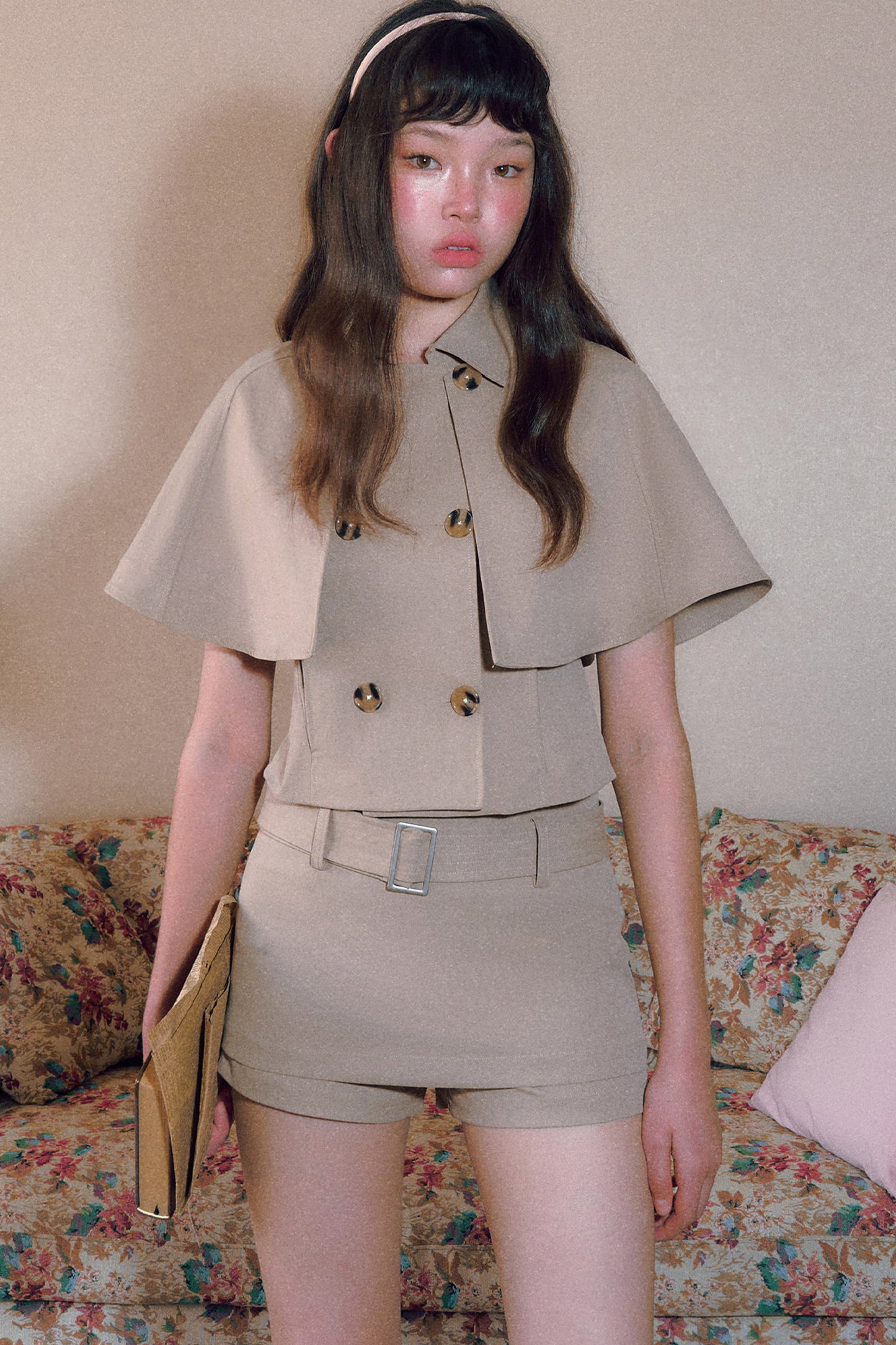 Vintage Double-Breasted Cape Top and Short Skirt Set-Up