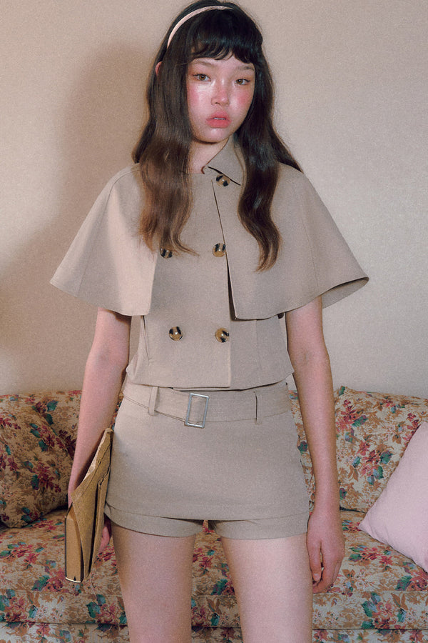 Vintage Double-Breasted Cape Top and Short Skirt Set-Up