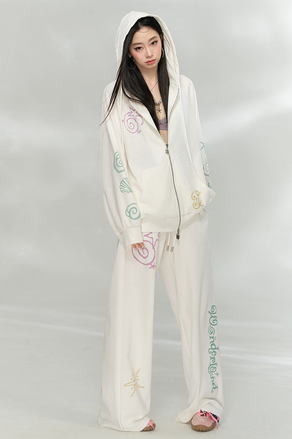 Waffle Knit Print Sweatshirt and Pants Set-Up