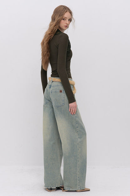 Fur Patch Wide-Leg Jeans