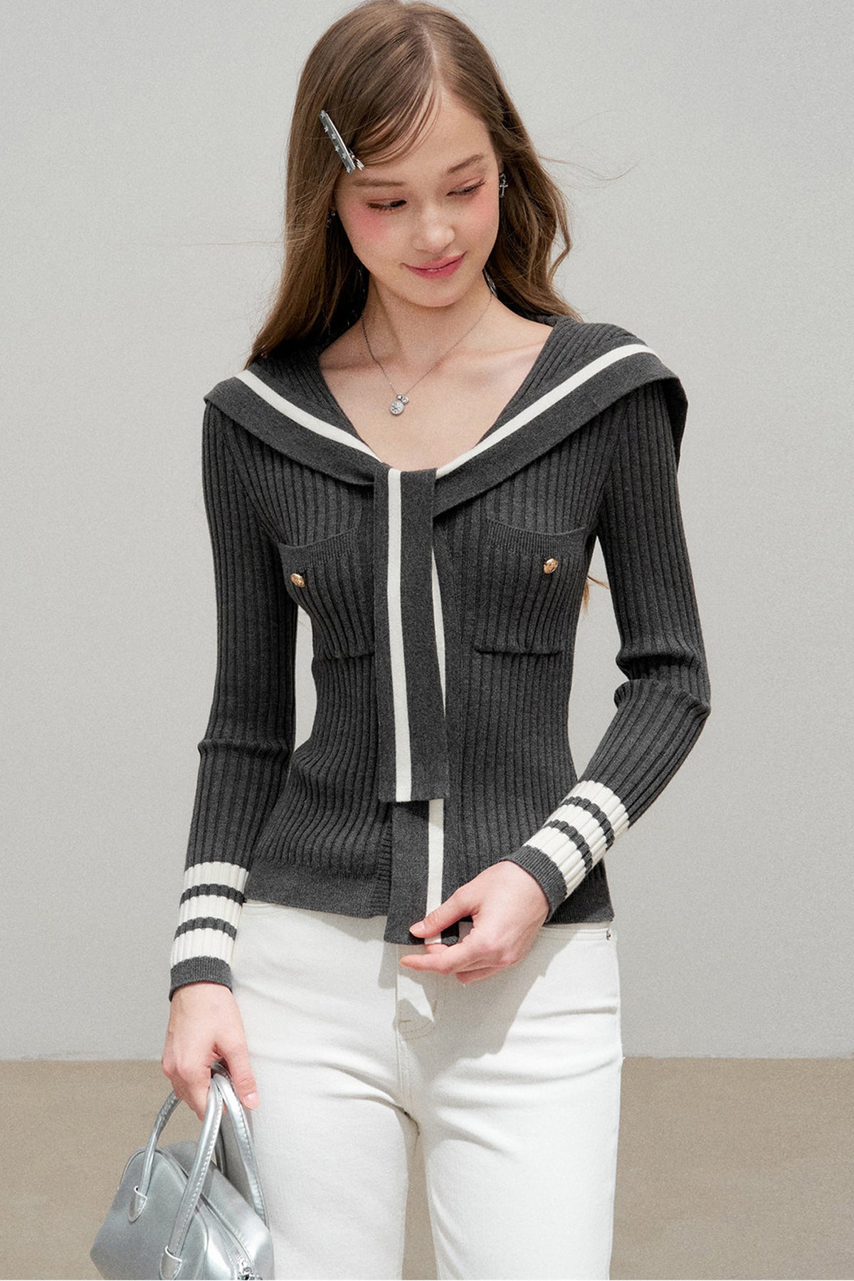 Navy Collar Striped Knit Top