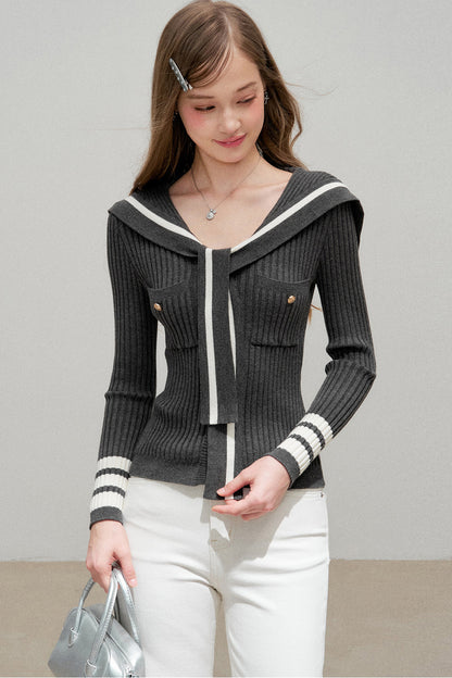 Navy Collar Striped Knit Top