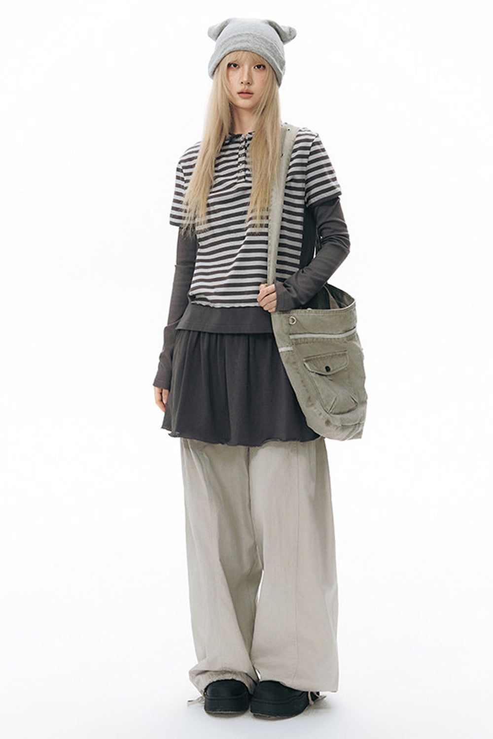 Striped Hooded Knit Short-Sleeve Top