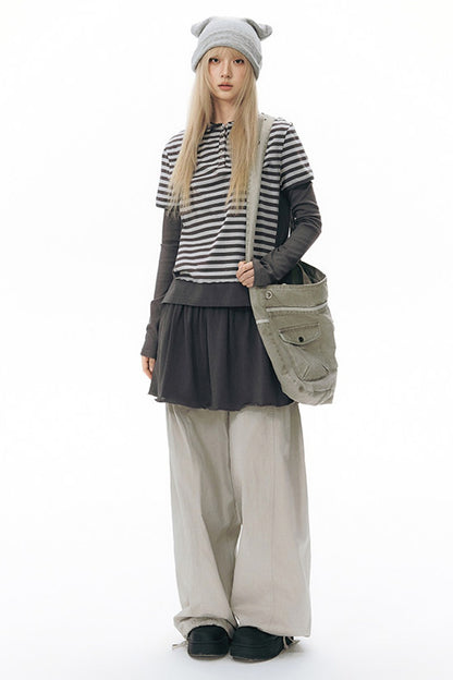 Striped Hooded Knit Short-Sleeve Top