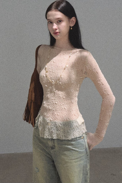 Silver Textured Knit Lace Blouse