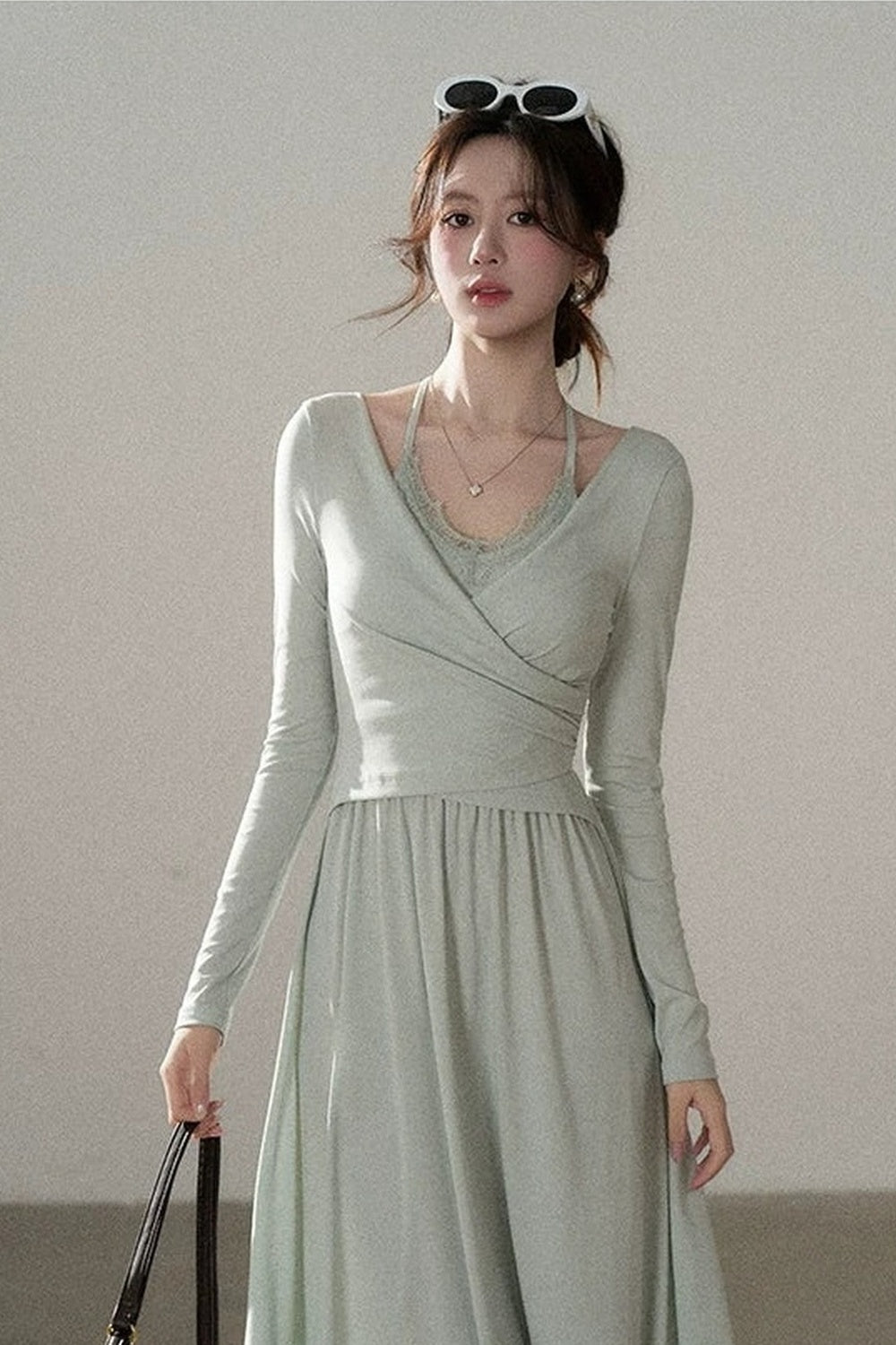 Long Sleeve V-Neck Lace Knit Dress