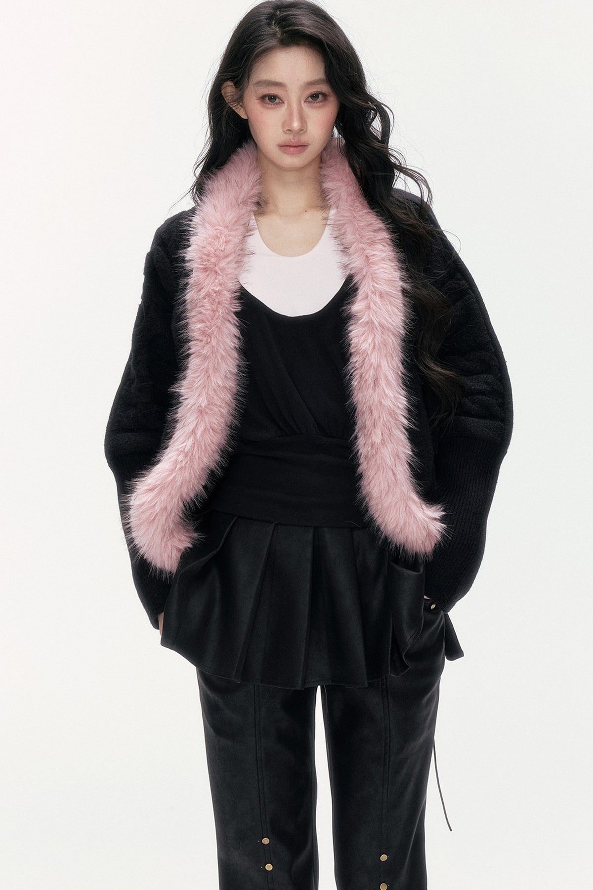 Detachable Fur Collar Batwing Knit Cardigan