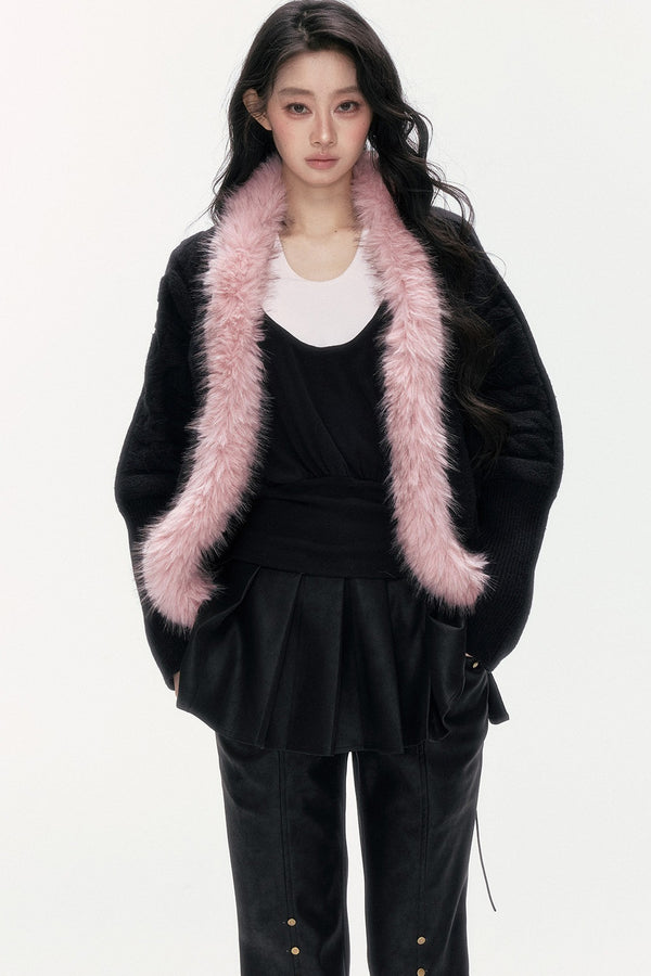 Detachable Fur Collar Batwing Knit Cardigan