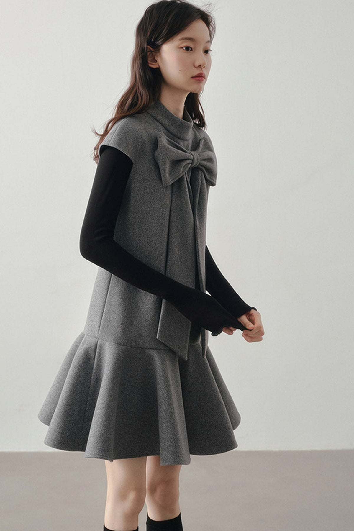 Woolen Bow Flutter Sleeve Dress