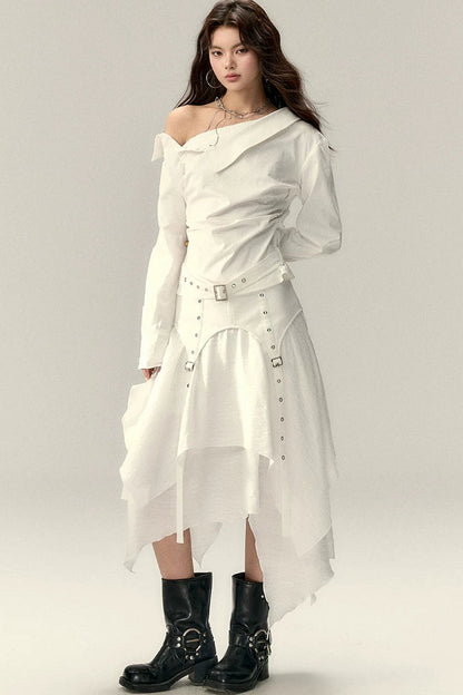 Asymmetrical Off-Shoulder Washed Shirt Set-Up