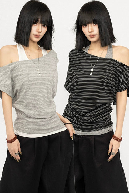 Retro Striped Halter Off-Shoulder Top