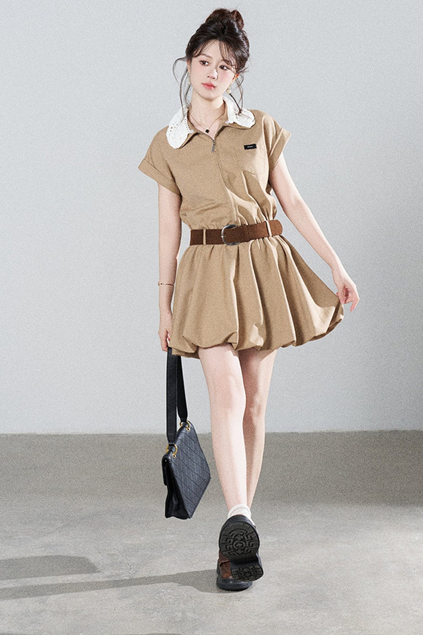 French Khaki Puff Dress