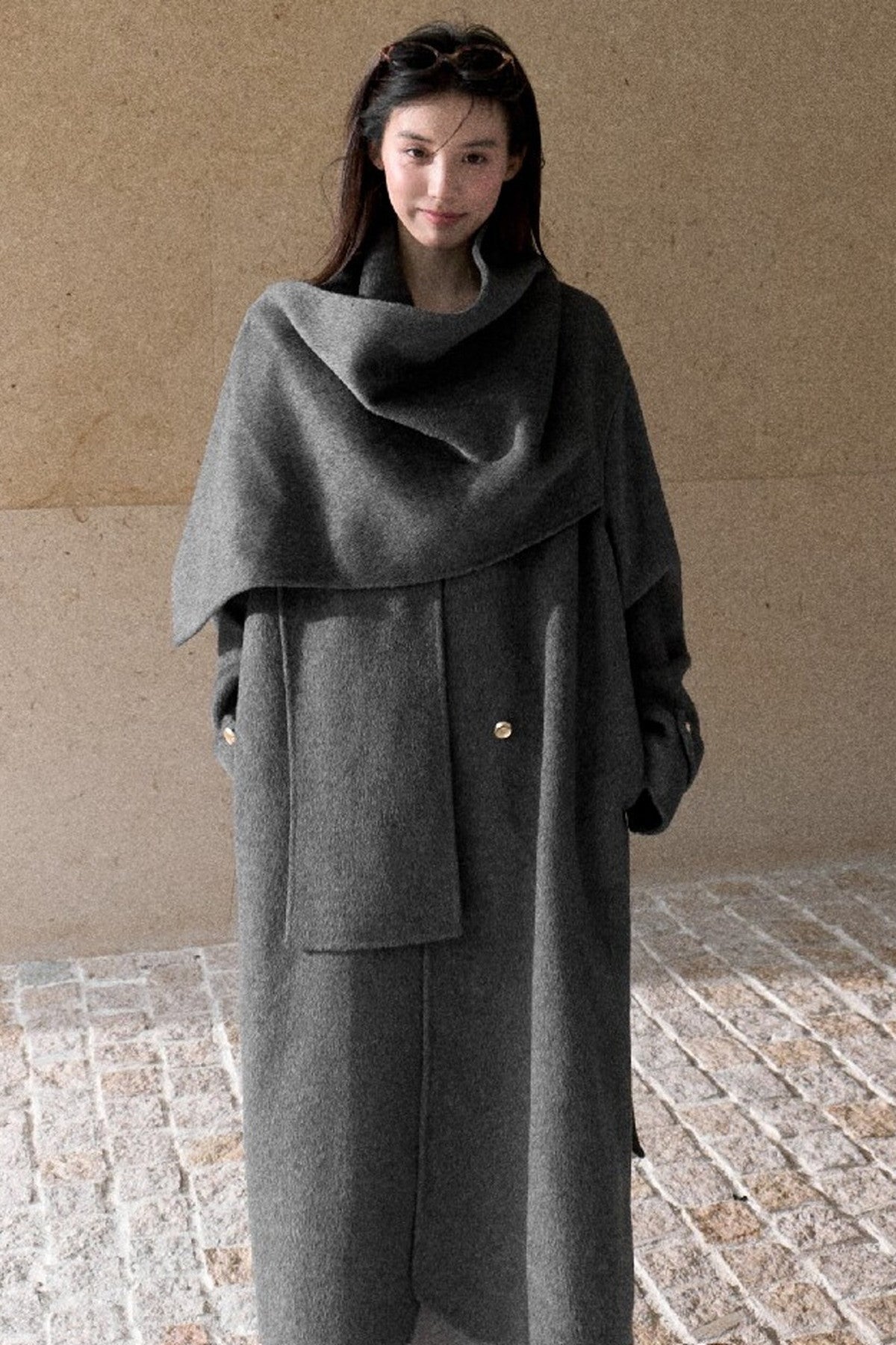 Double-Sided Wool Scarf Collar Coat