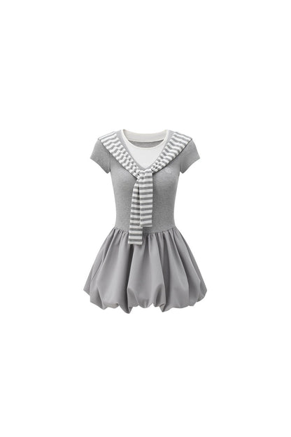 Gray Navy Collar Wrap Dress
