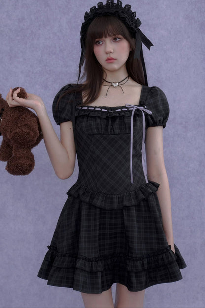 Rose Plaid Lolita Square Neck Dress