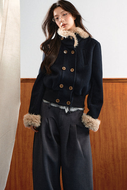 Double-Breasted Fur Trim Jacket