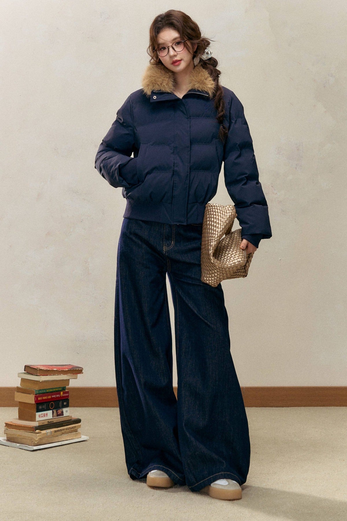 Navy Blue Fur Collar Padded Jacket and Pants Set-Up