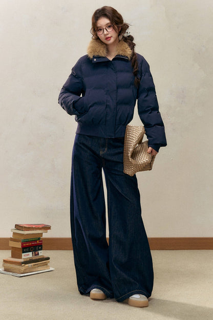 Navy Blue Fur Collar Padded Jacket and Pants Set-Up