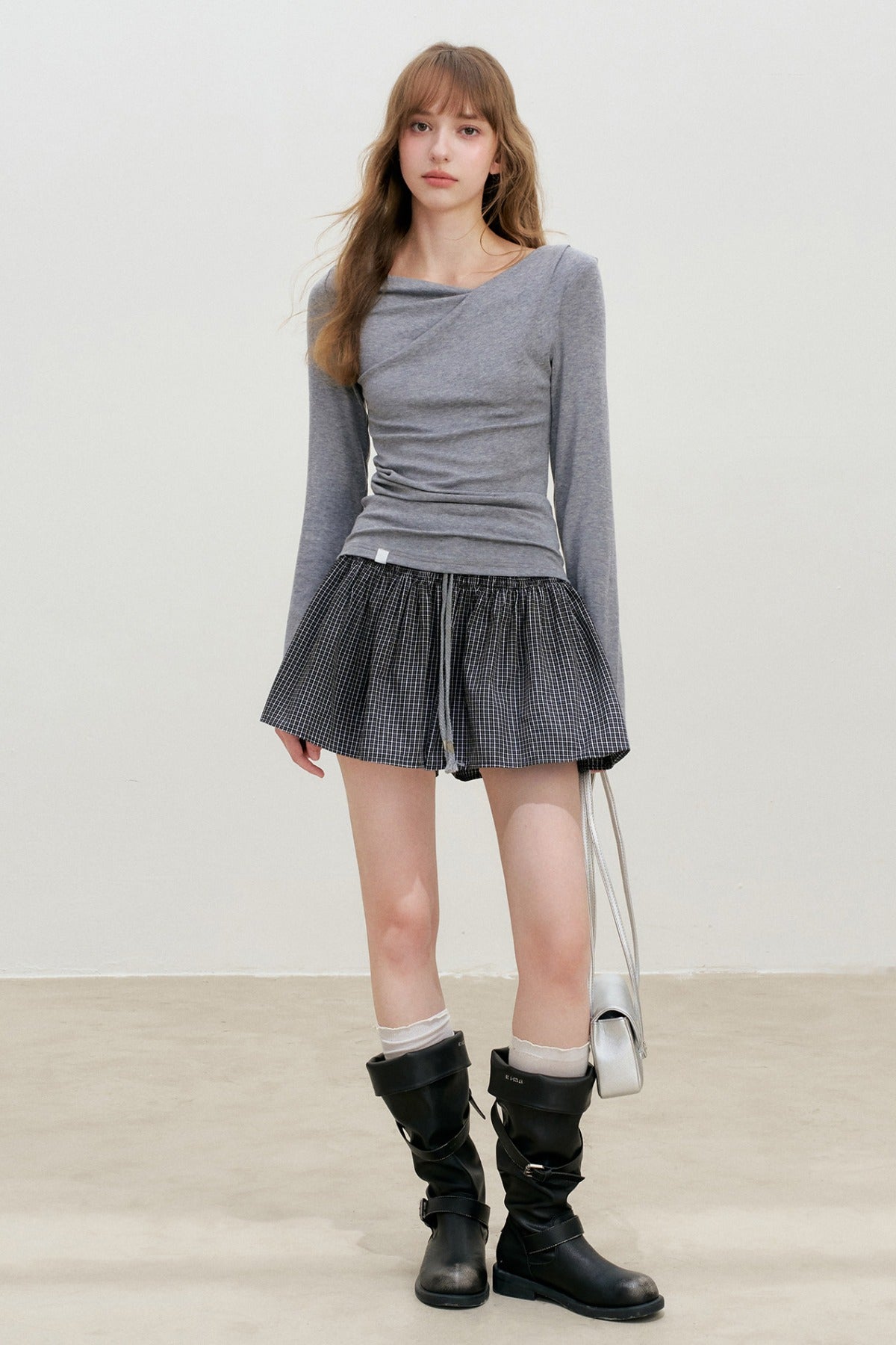Lyocell Overlapping Pleated Long-Sleeve T-Shirt