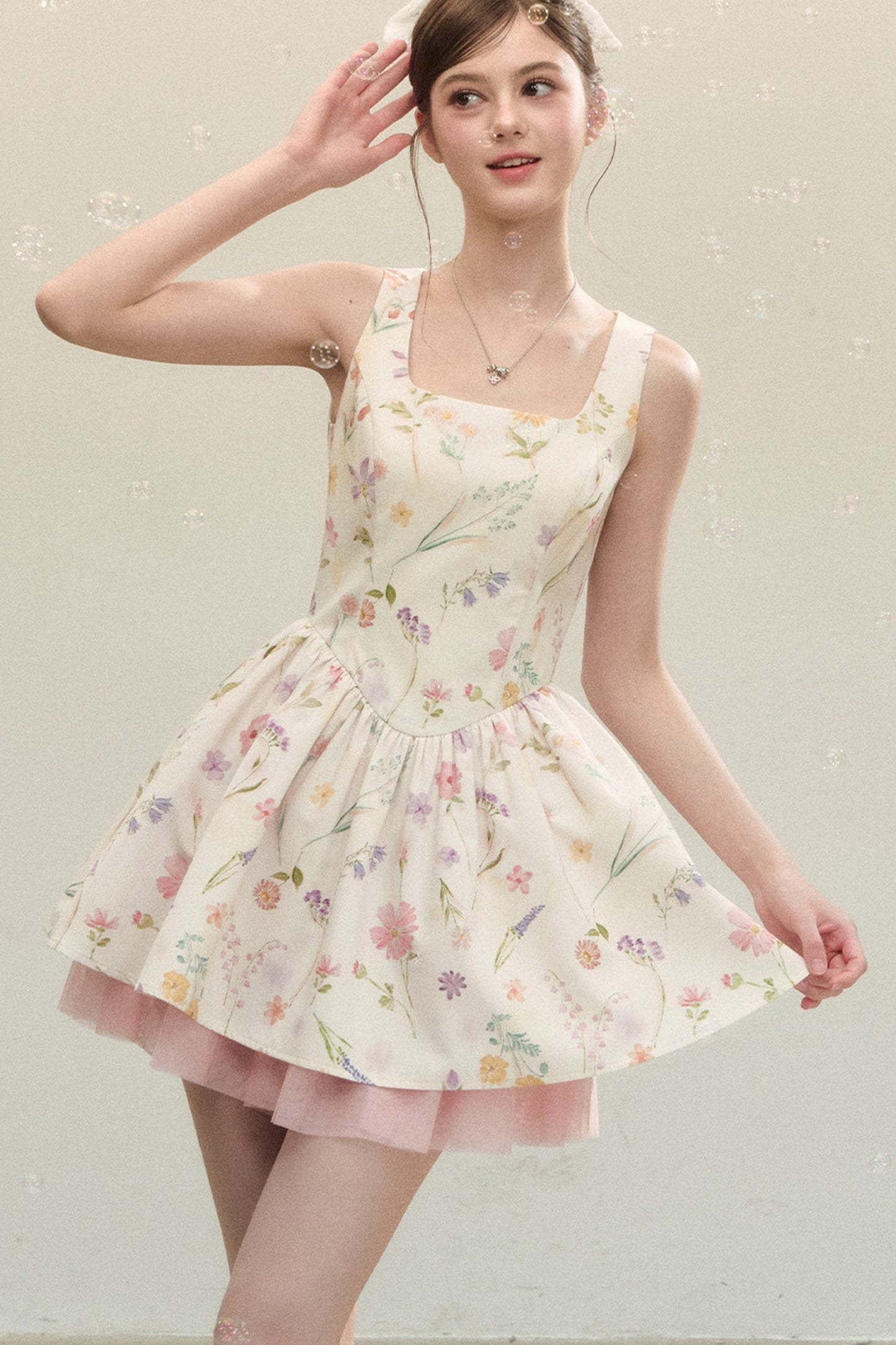 Floral Puffy Suspender Dress