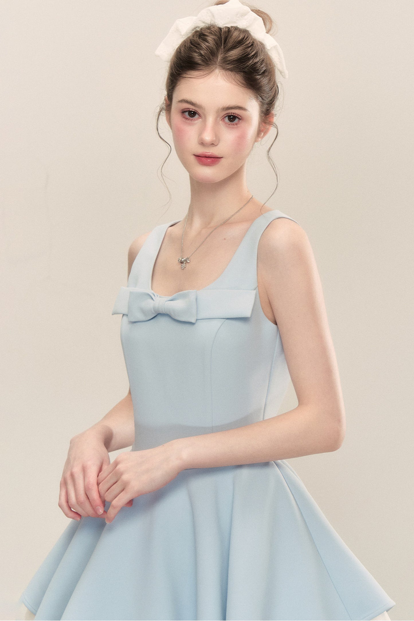 Bow Neck Spaghetti Strap Puffy Dress