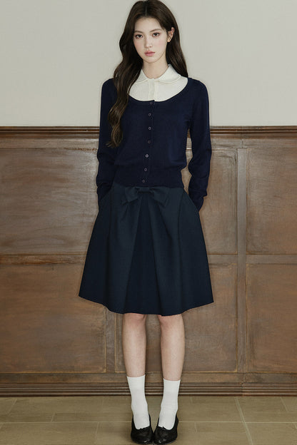 Mid-Waist Bow A-Line Frayed Skirt