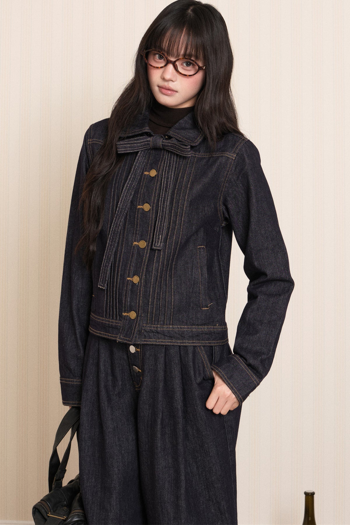 Washed Denim Lapel Tie Jacket