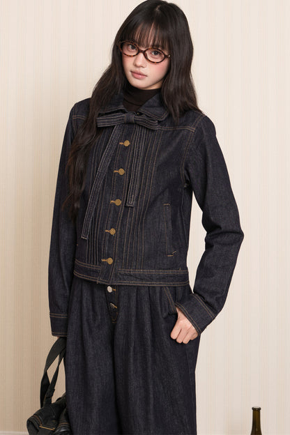 Washed Denim Lapel Tie Jacket