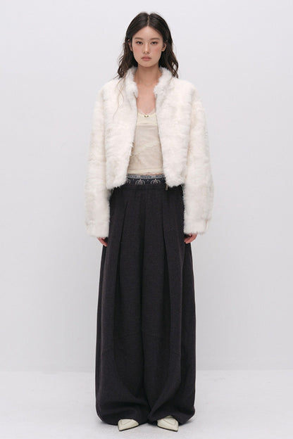 Stand Collar Faux Fur Jacket