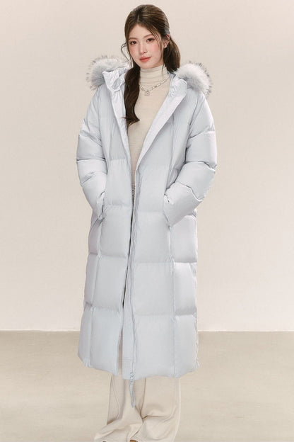 Blue Long Hooded Down Fur Collar Jacket