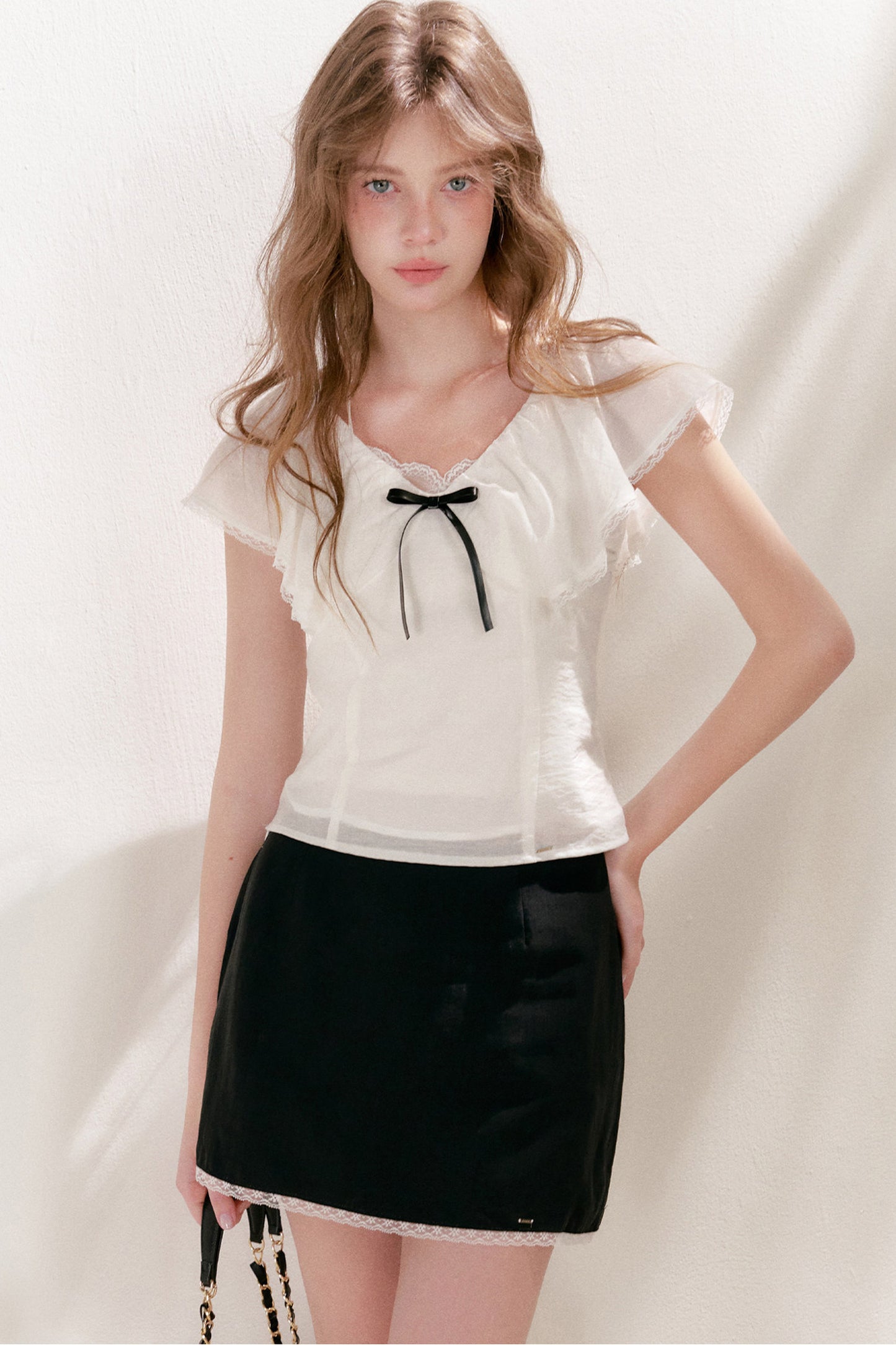 Lyocell Linen Ruffle Bow V-Neck Top and Skirt Set-Up