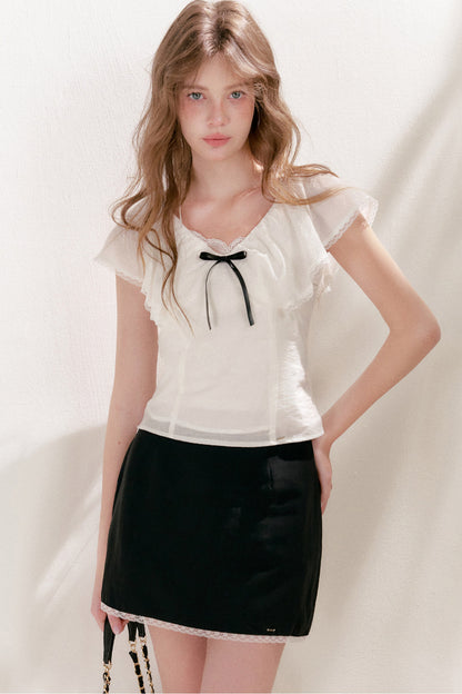 Lyocell Linen Ruffle Bow V-Neck Top and Skirt Set-Up