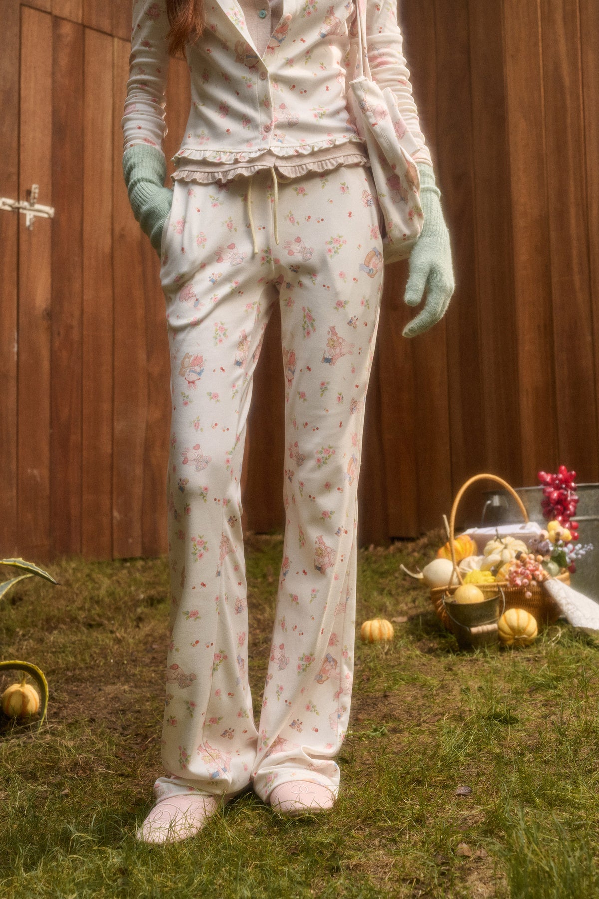 Layered-Look Floral Bunny Cardigan and Pants Set-Up