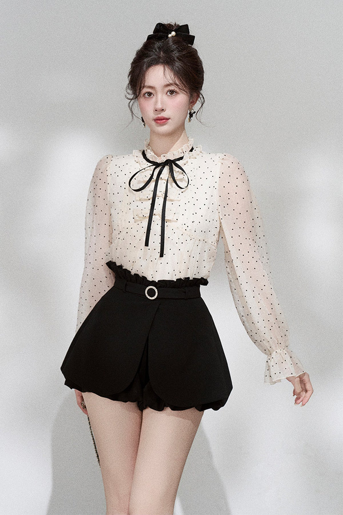 Polka Dot Chiffon Blouse and Skirt Set-Up