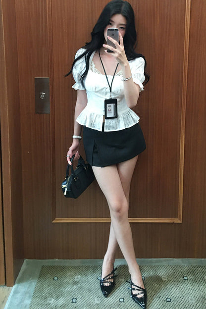 French Puff-Sleeve Button-Up Top