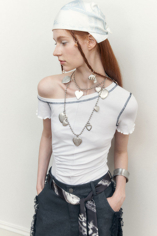 Contrast Stitching Asymmetrical Shoulder Short-Sleeve Top