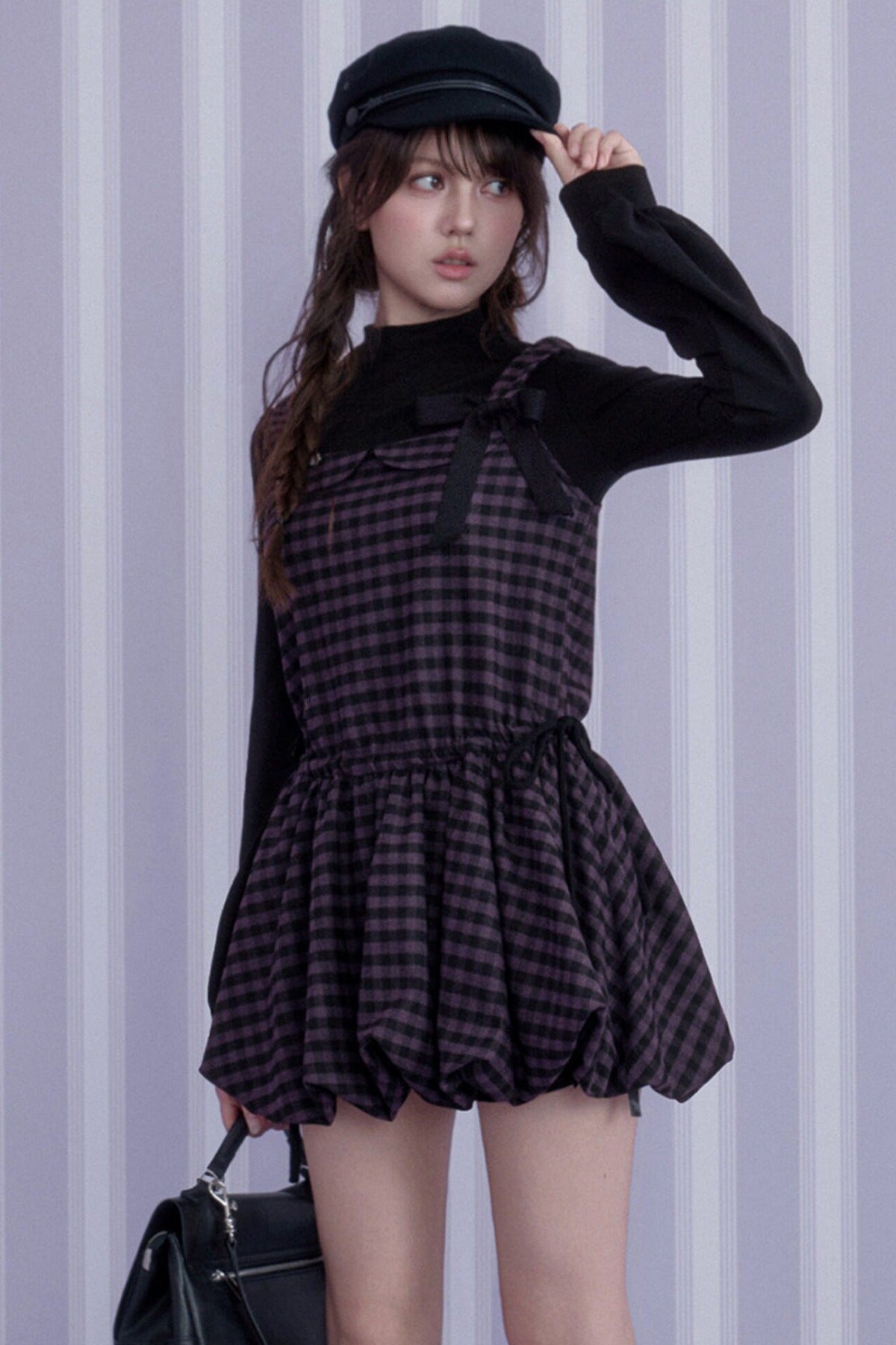 Layered-Look Plaid Long Sleeve Dress